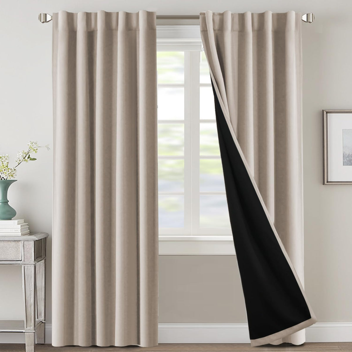 H.VERSAILTEX 100% Blackout Curtains for Bedroom with Black Liner Full Room Darkening Curtains 84 Inch Long Thermal Insulated Back Tab/Rod Pocket Window Drapes for Living Room, 2 Panels, Natural Sand
