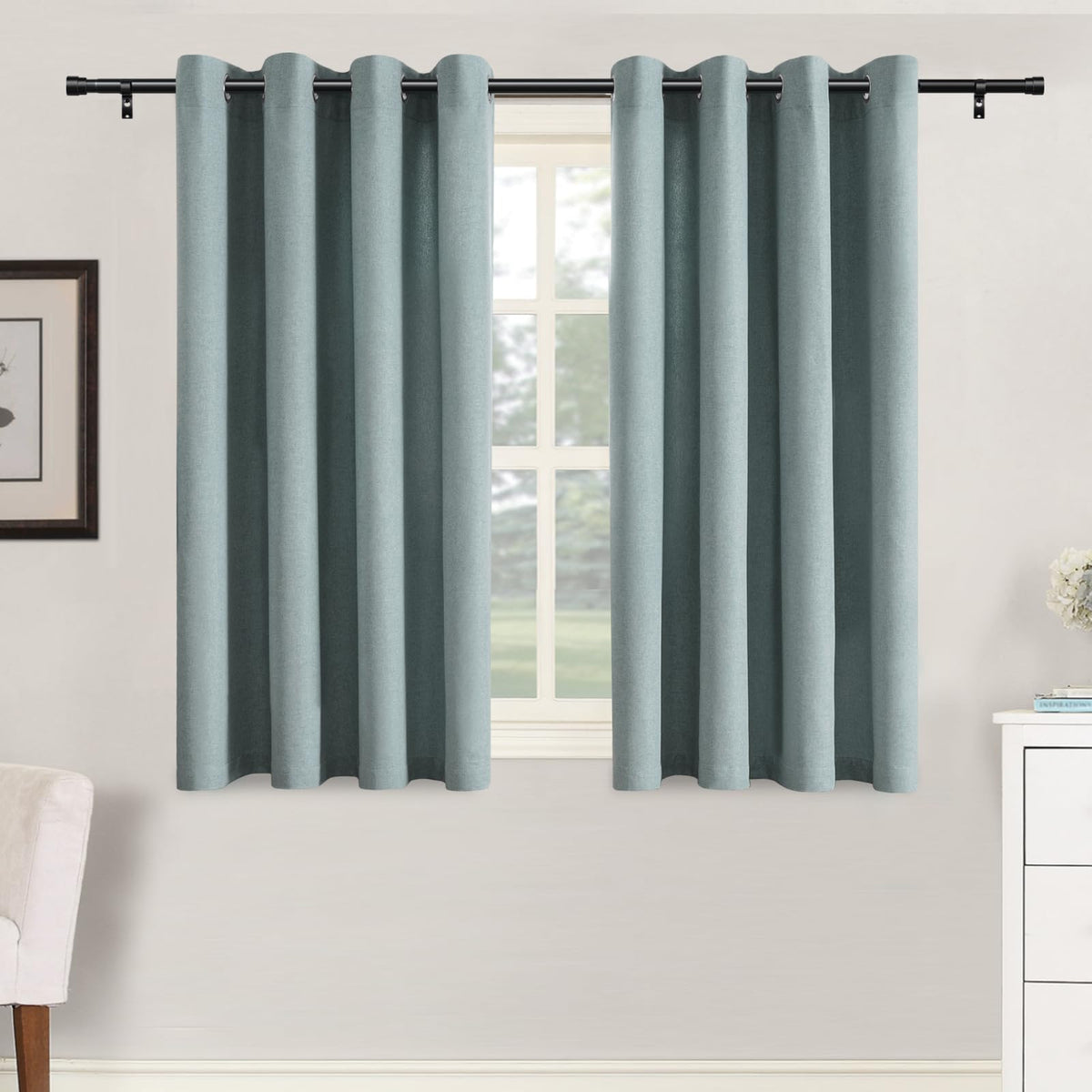 H.VERSAILTEX Grommet Natural Linen Textured Kitchen Curtains 45 inch Length, Thick Faux Linen Room Darkening Window Treatment Set for Farmhouse/Bedroom 52W x 45L,2 Panels,Heather Aqua