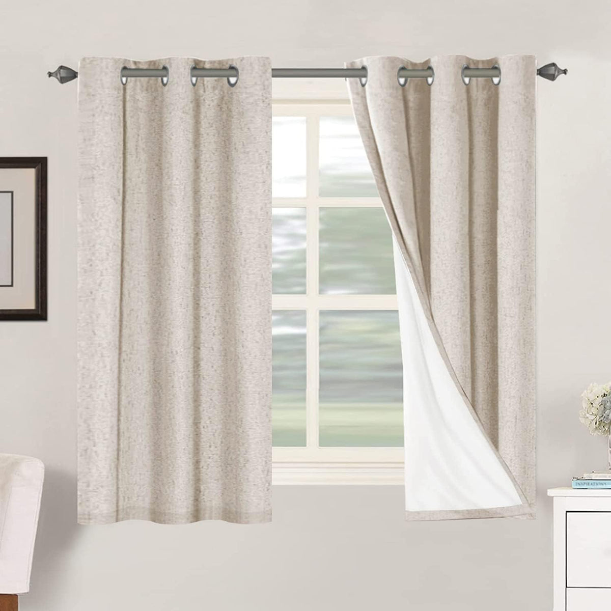 2pcs H.VERSAILTEX Blackout Linen Curtains, 100% Blackout Drapes Textured Blackout Curtains with White Thermal Insulated Liner, Grommet Top Curtains Living Room