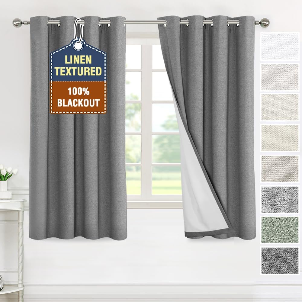 H.VERSAILTEX Elegant Full Coverage Linen 100% Blackout Drapes Heat Blocking Curtains Bedroom Curtain- Ideal for Undisturbed Sleep & Energy Efficiency, 52x84 Inch, Heather Pale Oak(Not Solid)