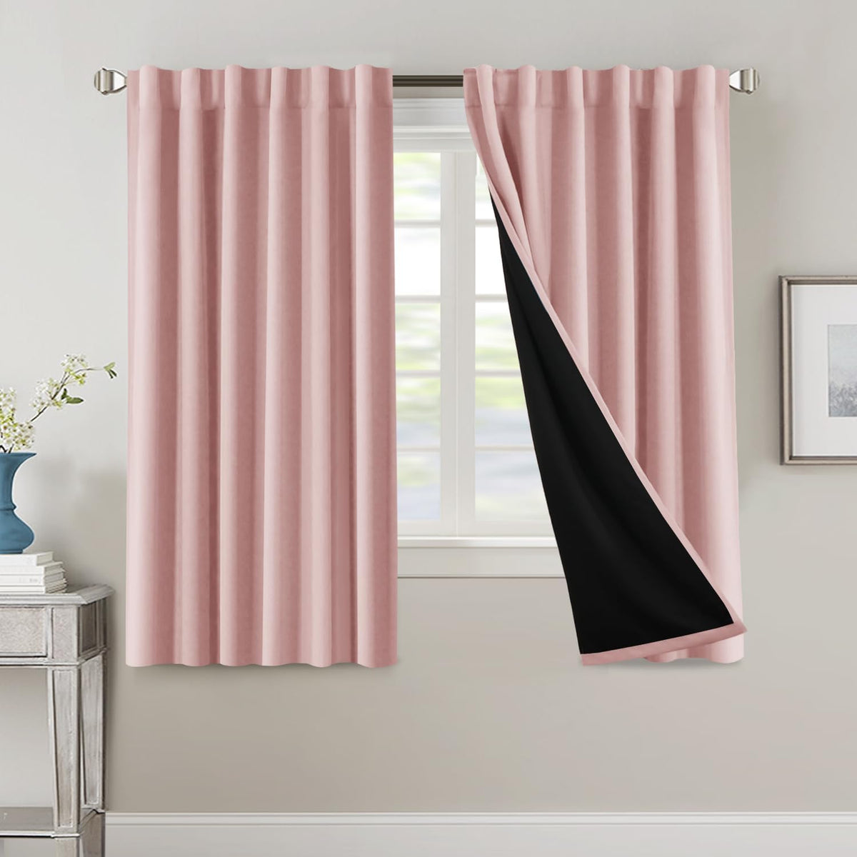H.VERSAILTEX 100% Blackout Curtains for Bedroom with Black Liner Full Room Darkening Curtains 84 Inch Long Thermal Insulated Back Tab/Rod Pocket Window Drapes for Living Room, 2 Panels, Natural Sand