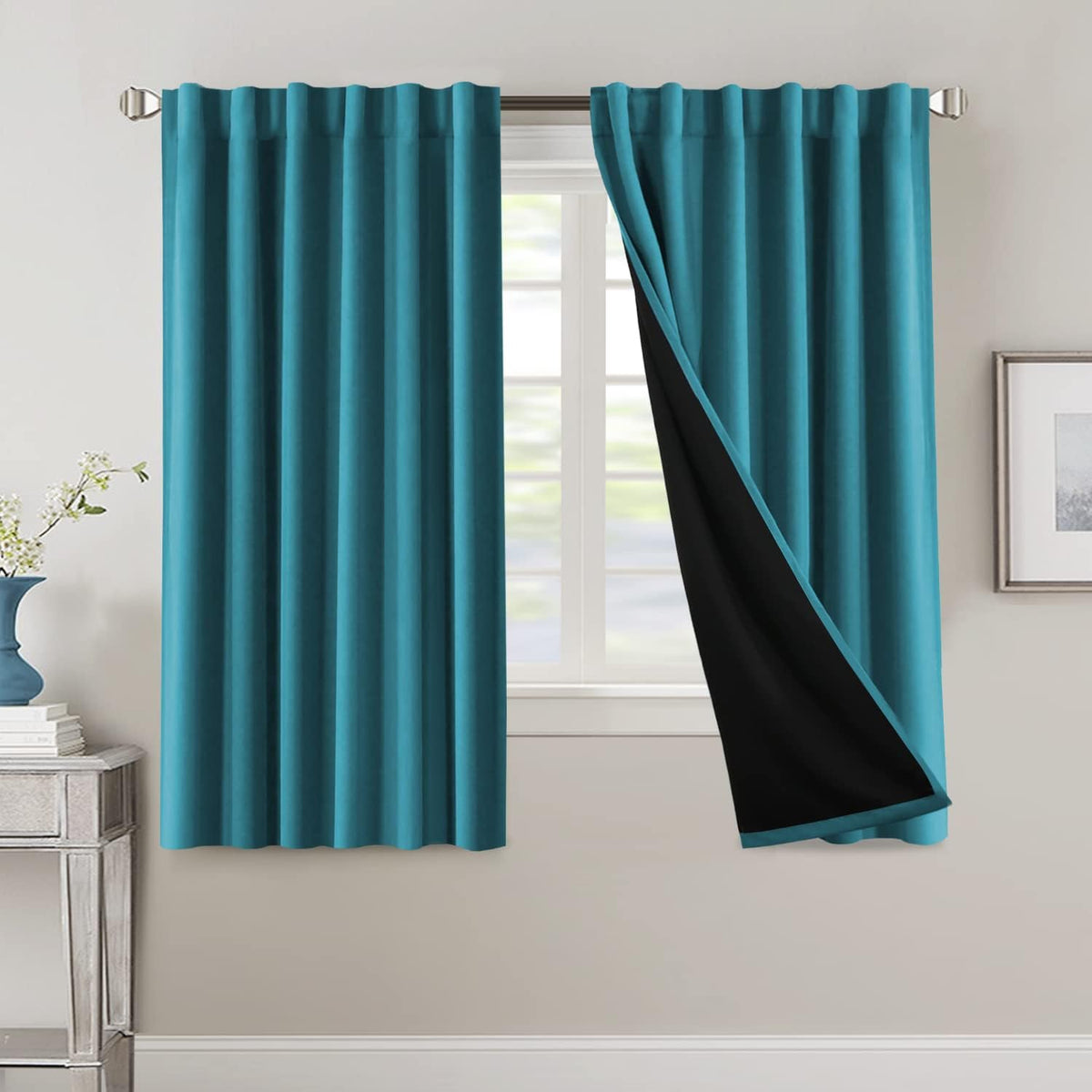 H.VERSAILTEX 100% Blackout Curtains for Bedroom with Black Liner Full Room Darkening Curtains 84 Inch Long Thermal Insulated Back Tab/Rod Pocket Window Drapes for Living Room, 2 Panels, Natural Sand