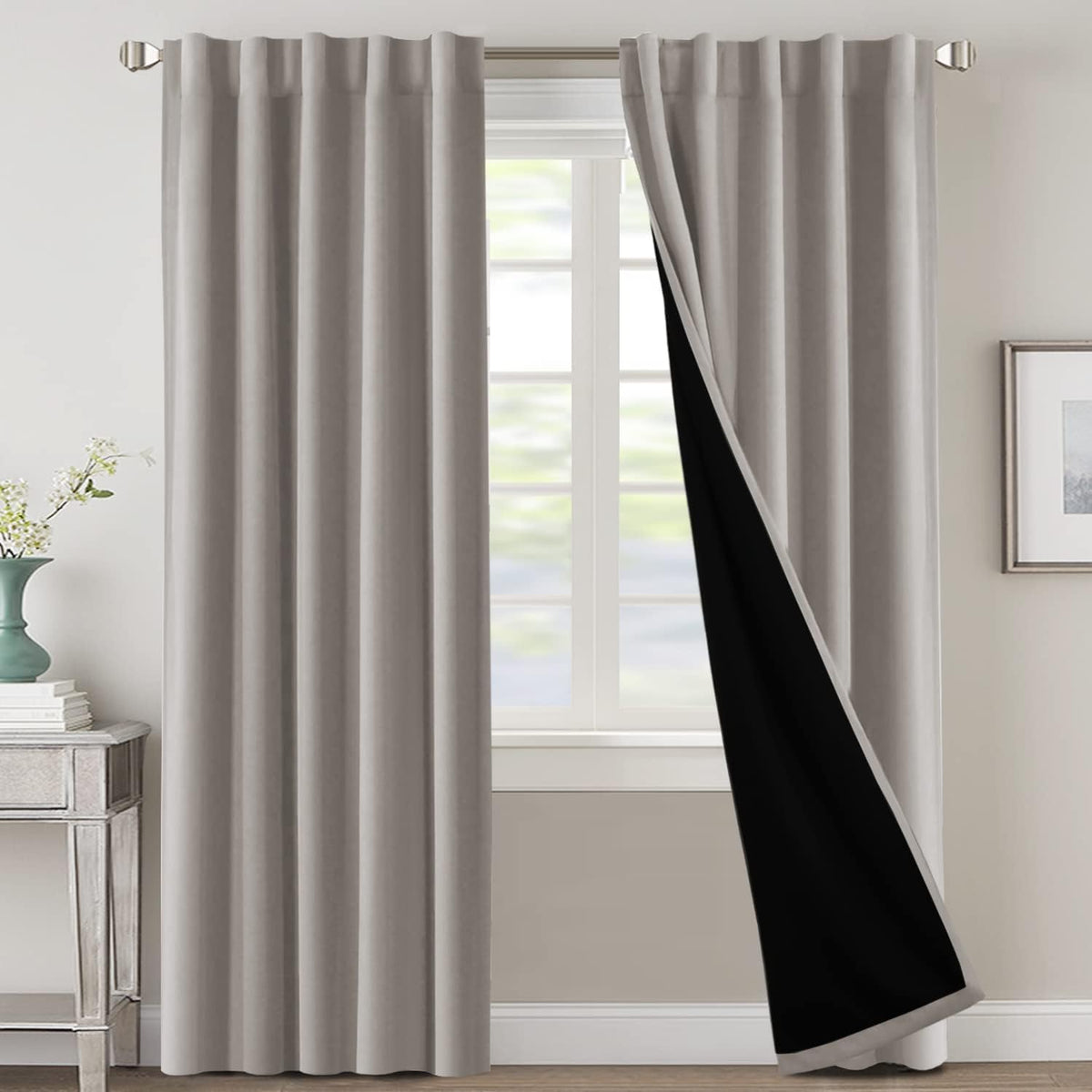 H.VERSAILTEX 100% Blackout Curtains for Bedroom with Black Liner Full Room Darkening Curtains 84 Inch Long Thermal Insulated Back Tab/Rod Pocket Window Drapes for Living Room, 2 Panels, Natural Sand