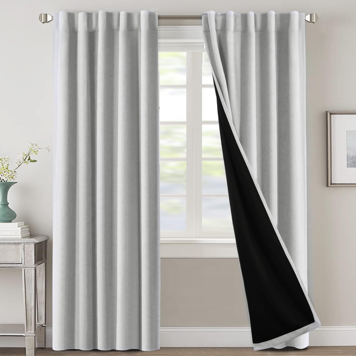 H.VERSAILTEX 100% Blackout Curtains for Bedroom with Black Liner Full Room Darkening Curtains 84 Inch Long Thermal Insulated Back Tab/Rod Pocket Window Drapes for Living Room, 2 Panels, Natural Sand