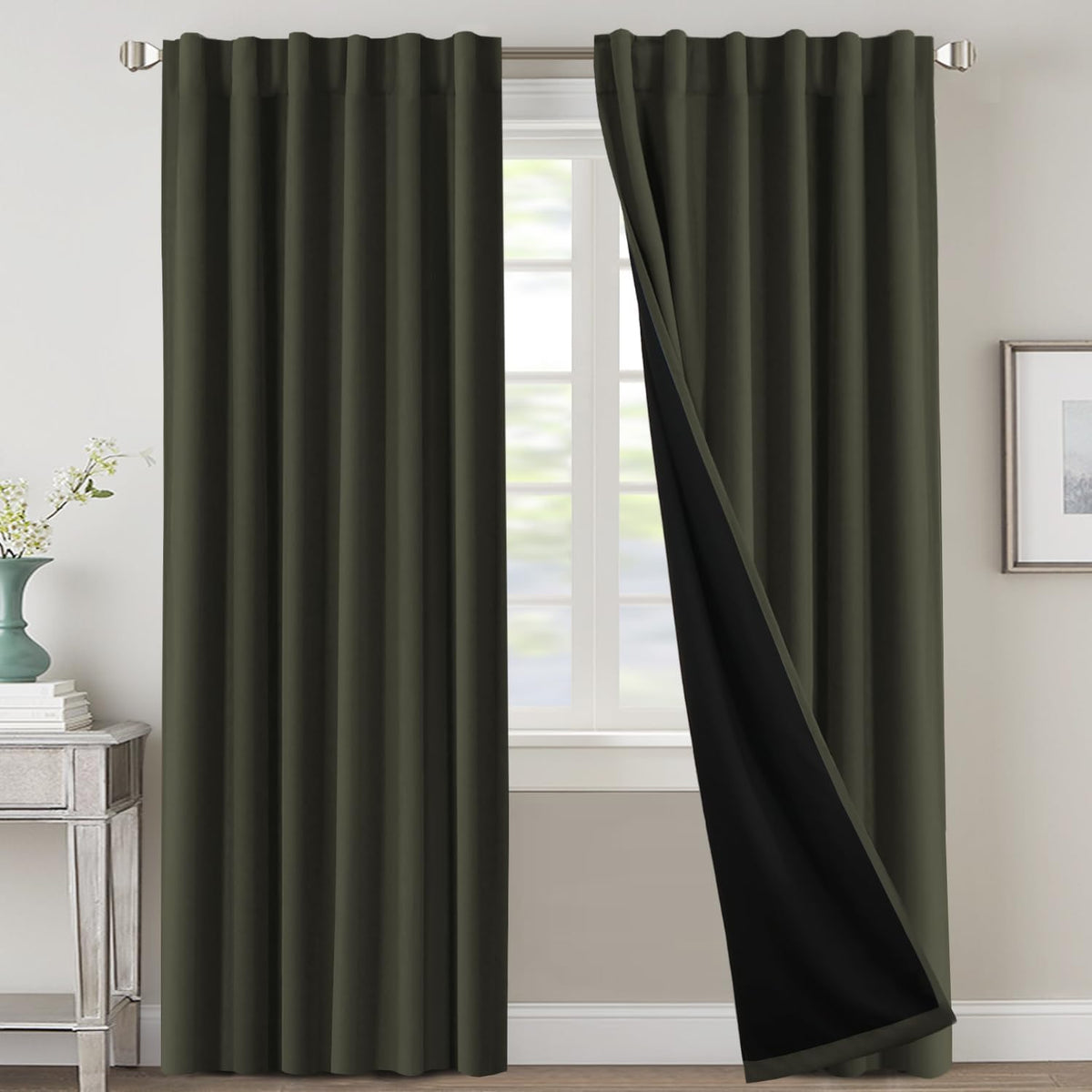 H.VERSAILTEX 100% Blackout Curtains for Bedroom with Black Liner Full Room Darkening Curtains 84 Inch Long Thermal Insulated Back Tab/Rod Pocket Window Drapes for Living Room, 2 Panels, Natural Sand