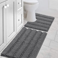 2pcs H.VERSAILTEX Sage Bathroom Rugs, Bath Mat Set of 2 Extra Thick Chenille Striped Pattern Shaggy Bath Rugs for Bathroom, Non Skid Bath Mats for Bathroom Floor