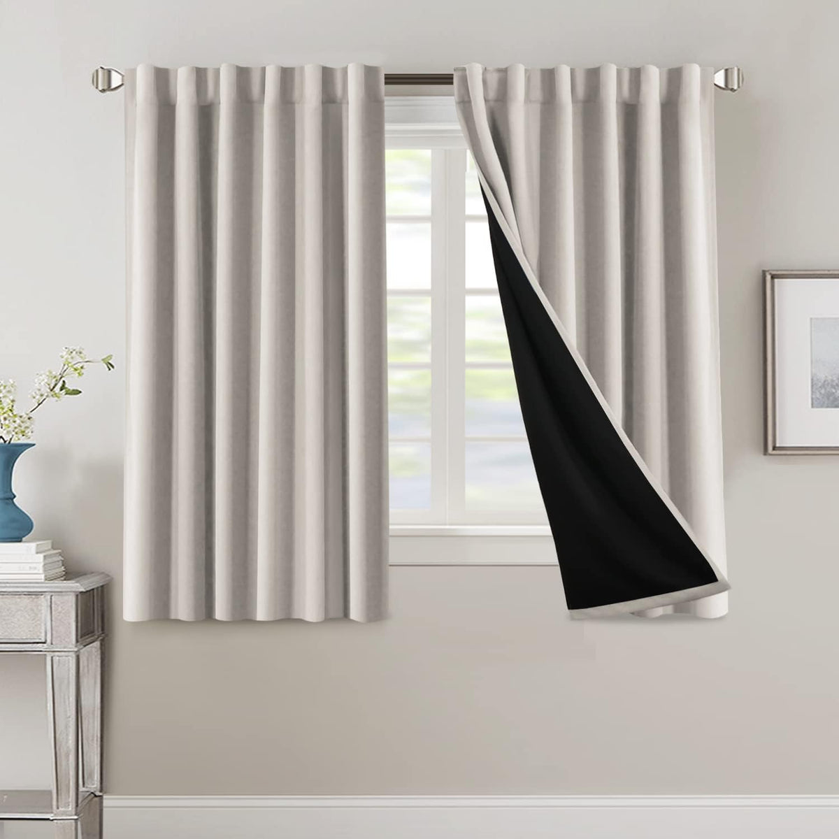 H.VERSAILTEX 100% Blackout Curtains for Bedroom with Black Liner Full Room Darkening Curtains 84 Inch Long Thermal Insulated Back Tab/Rod Pocket Window Drapes for Living Room, 2 Panels, Natural Sand