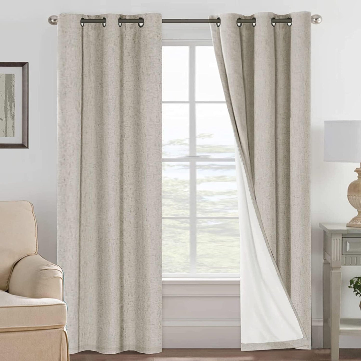 2pcs H.VERSAILTEX Blackout Linen Curtains, 100% Blackout Drapes Textured Blackout Curtains with White Thermal Insulated Liner, Grommet Top Curtains Living Room