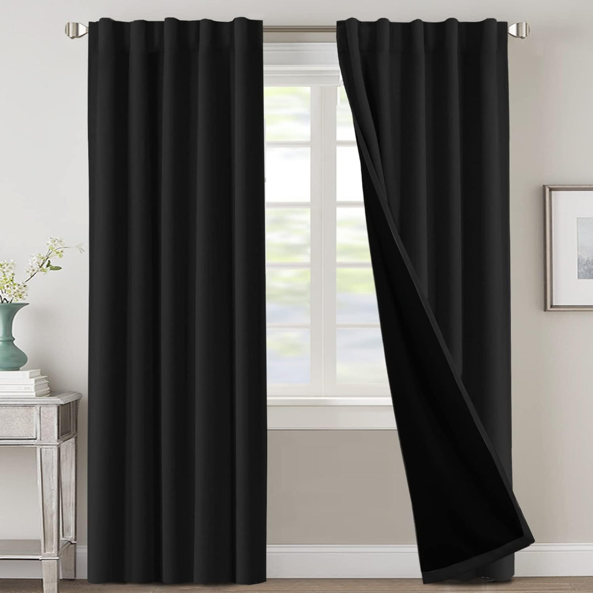 H.VERSAILTEX 100% Blackout Curtains for Bedroom with Black Liner Full Room Darkening Curtains 84 Inch Long Thermal Insulated Back Tab/Rod Pocket Window Drapes for Living Room, 2 Panels, Natural Sand
