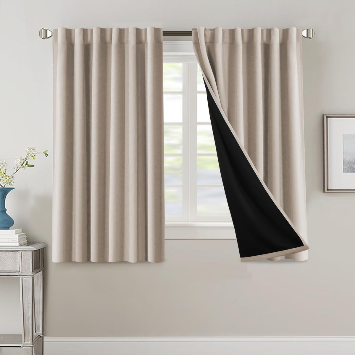 H.VERSAILTEX 100% Blackout Curtains for Bedroom with Black Liner Full Room Darkening Curtains 84 Inch Long Thermal Insulated Back Tab/Rod Pocket Window Drapes for Living Room, 2 Panels, Natural Sand