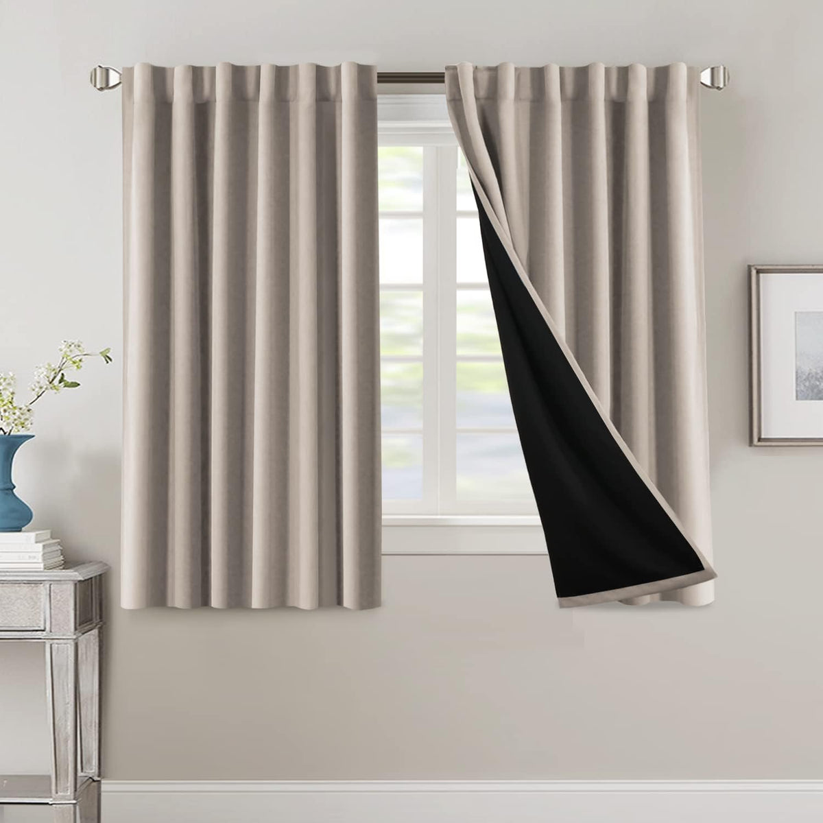 H.VERSAILTEX 100% Blackout Curtains for Bedroom with Black Liner Full Room Darkening Curtains 84 Inch Long Thermal Insulated Back Tab/Rod Pocket Window Drapes for Living Room, 2 Panels, Natural Sand