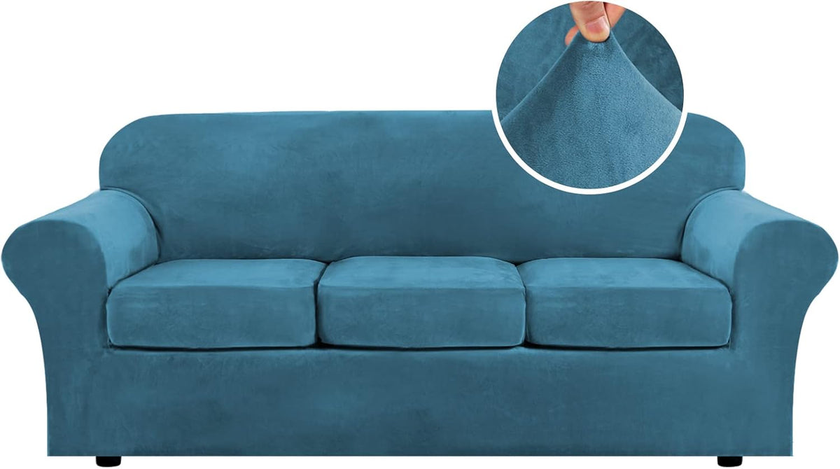 H.VERSAILTEX Modern Velvet Plush High Stretch Sofa Slipcover Furniture Protector Form Fit Luxury Thick Sofa Cover for 3 Cushion Couch, Machine Washable Width Up to 90 Inch