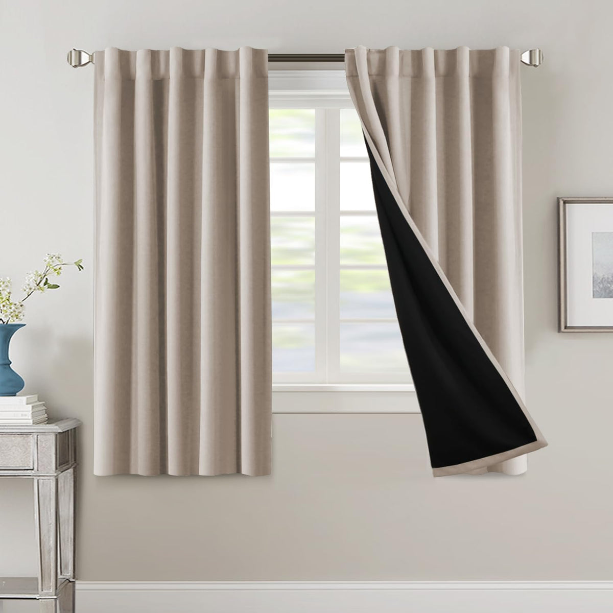 H.VERSAILTEX 100% Blackout Curtains for Bedroom with Black Liner Full Room Darkening Curtains 84 Inch Long Thermal Insulated Back Tab/Rod Pocket Window Drapes for Living Room, 2 Panels, Natural Sand