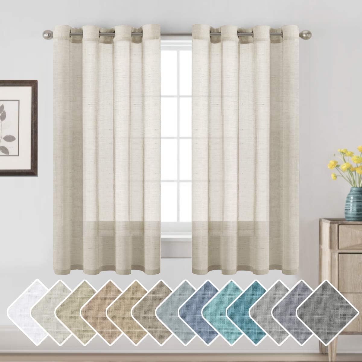 2pcs H.VERSAILTEX Natural Linen Sheer Curtains Flax Linen Blended Curtain Panels Living Room Sheer Curtains, Nickel Grommet Semitransparent Semi-Sheer Soft Privacy Drapes