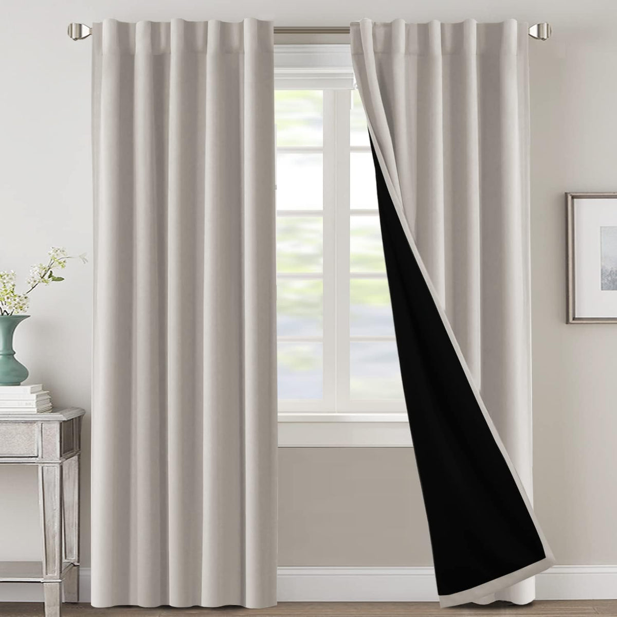 H.VERSAILTEX 100% Blackout Curtains for Bedroom with Black Liner Full Room Darkening Curtains 84 Inch Long Thermal Insulated Back Tab/Rod Pocket Window Drapes for Living Room, 2 Panels, Natural Sand
