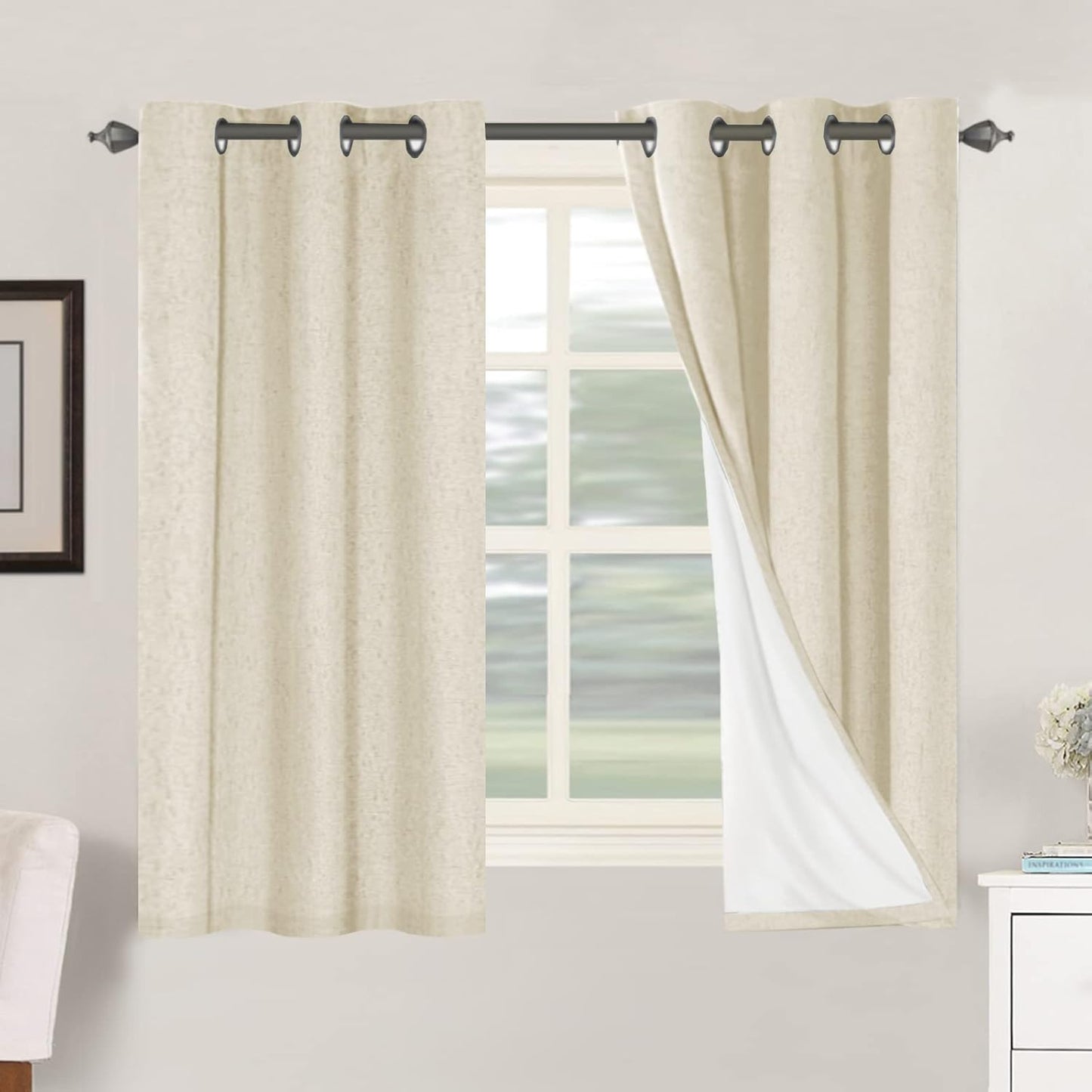 2pcs H.VERSAILTEX Blackout Linen Curtains, 100% Blackout Drapes Textured Blackout Curtains with White Thermal Insulated Liner, Grommet Top Curtains Living Room