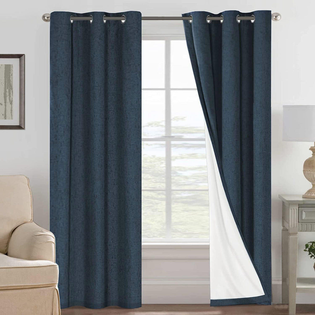 2pcs H.VERSAILTEX Blackout Linen Curtains, 100% Blackout Drapes Textured Blackout Curtains with White Thermal Insulated Liner, Grommet Top Curtains Living Room