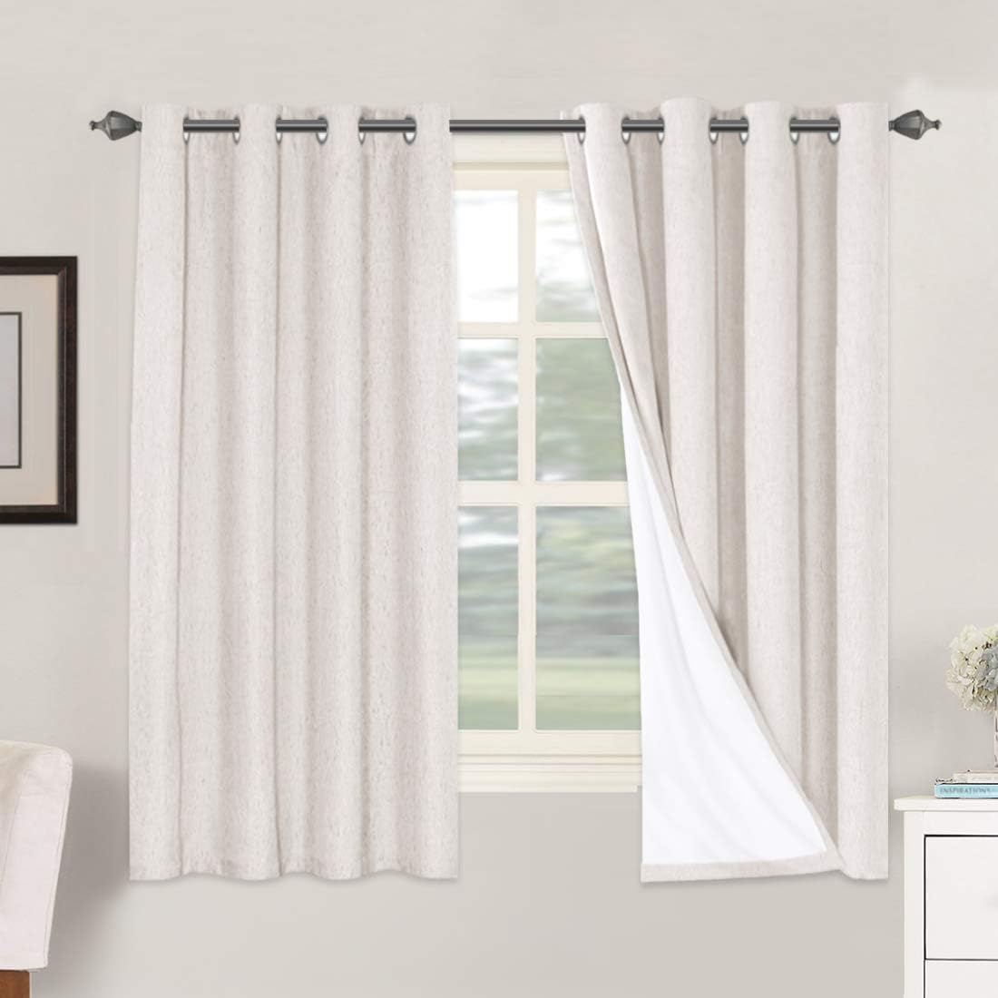 2 pcs  H.VERSAILTEX 100% Blackout Linen Curtains Full Light Blocking Curtains for Bedroom, Textured Window Curtains for Living Room, Energy Efficient Curtains White Liner