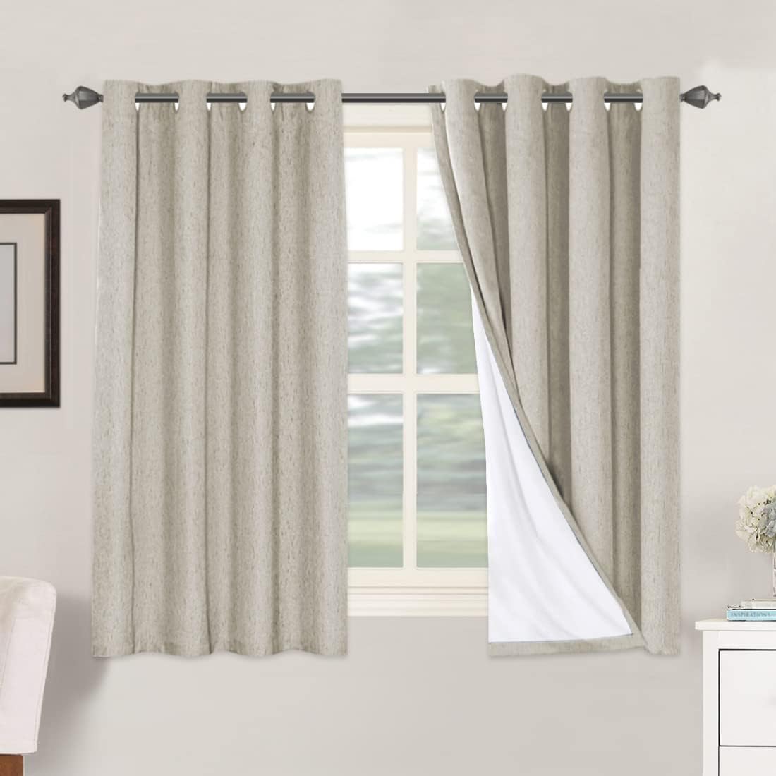 2 pcs  H.VERSAILTEX 100% Blackout Linen Curtains Full Light Blocking Curtains for Bedroom, Textured Window Curtains for Living Room, Energy Efficient Curtains White Liner