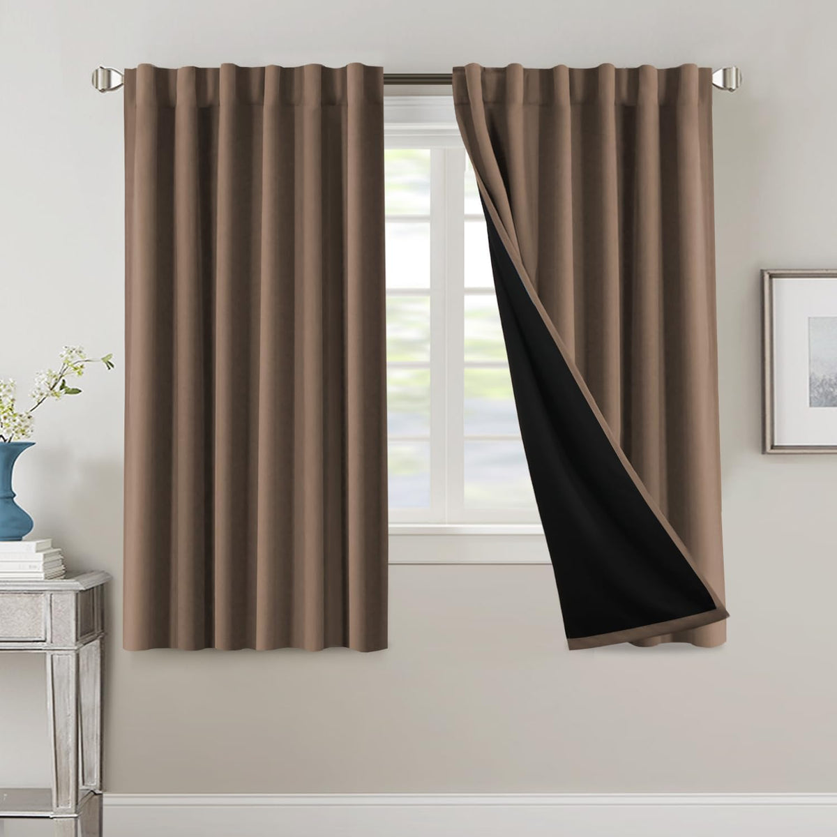H.VERSAILTEX 100% Blackout Curtains for Bedroom with Black Liner Full Room Darkening Curtains 84 Inch Long Thermal Insulated Back Tab/Rod Pocket Window Drapes for Living Room, 2 Panels, Natural Sand