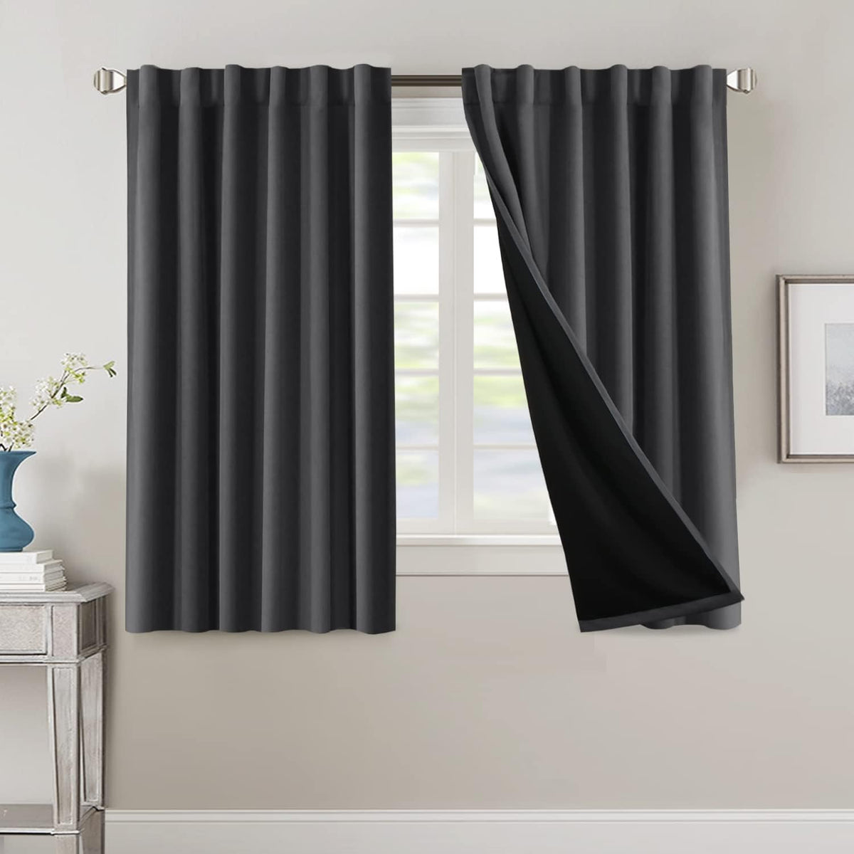 H.VERSAILTEX 100% Blackout Curtains for Bedroom with Black Liner Full Room Darkening Curtains 84 Inch Long Thermal Insulated Back Tab/Rod Pocket Window Drapes for Living Room, 2 Panels, Natural Sand