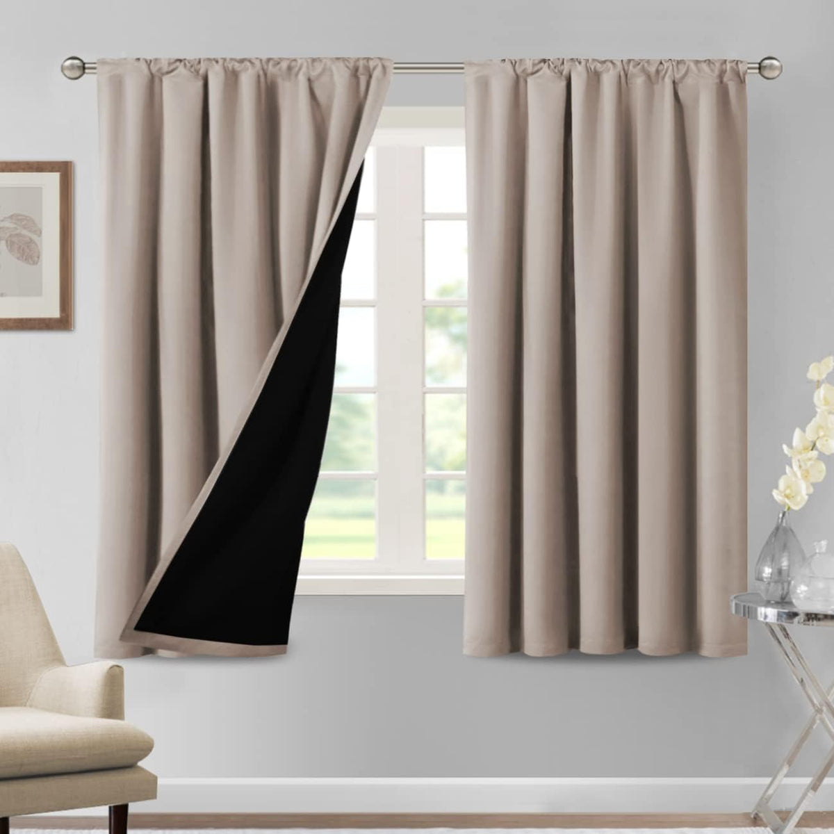 H.VERSAILTEX 100% Blackout Curtains for Bedroom Short Curtains Half Window Curtains for Kitchen, Privacy Energy Saving Curtain Tiers for Bathroom Shades, W 42 x L 36 inch, Pumice Stone, Set of 2