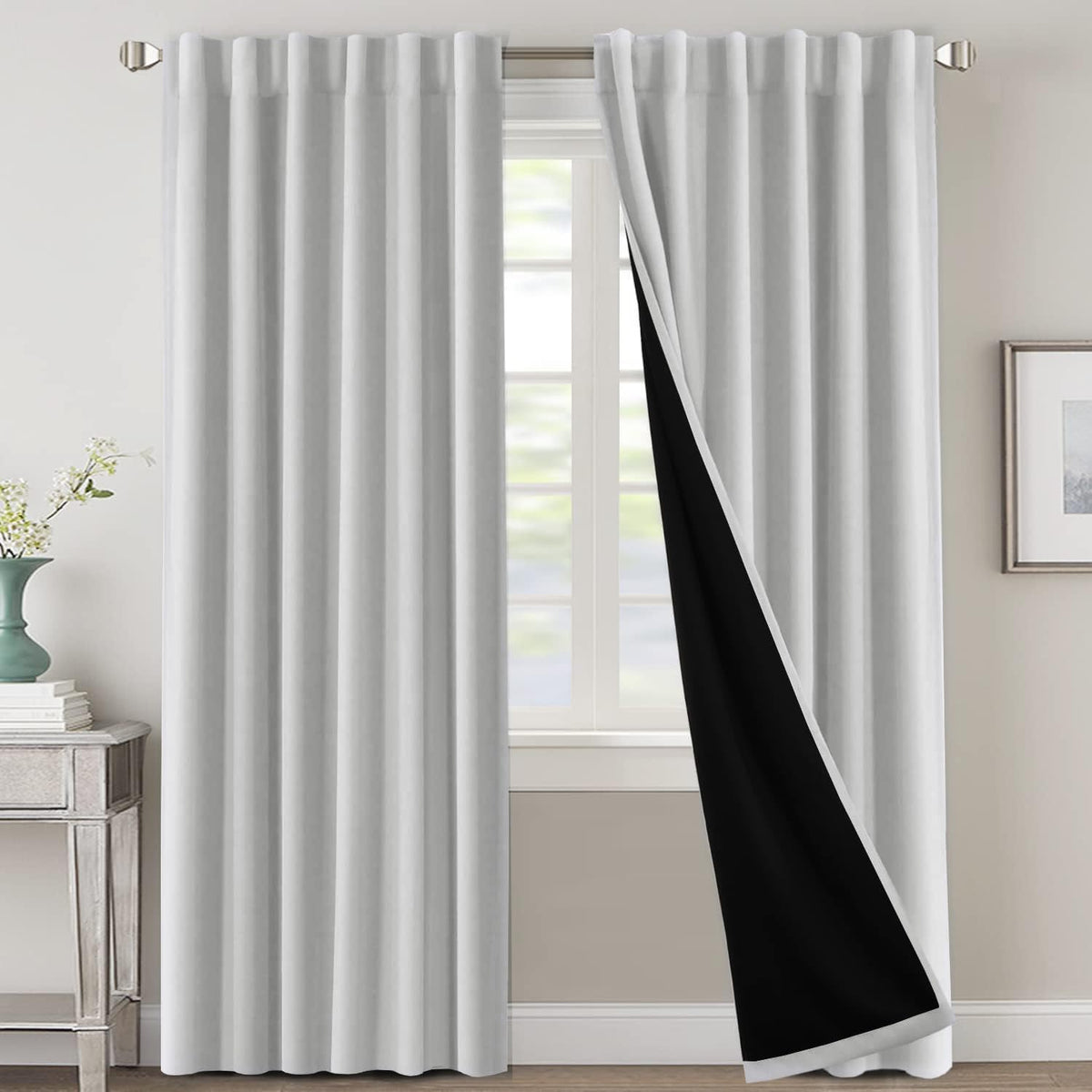 H.VERSAILTEX 100% Blackout Curtains for Bedroom with Black Liner Full Room Darkening Curtains 84 Inch Long Thermal Insulated Back Tab/Rod Pocket Window Drapes for Living Room, 2 Panels, Natural Sand