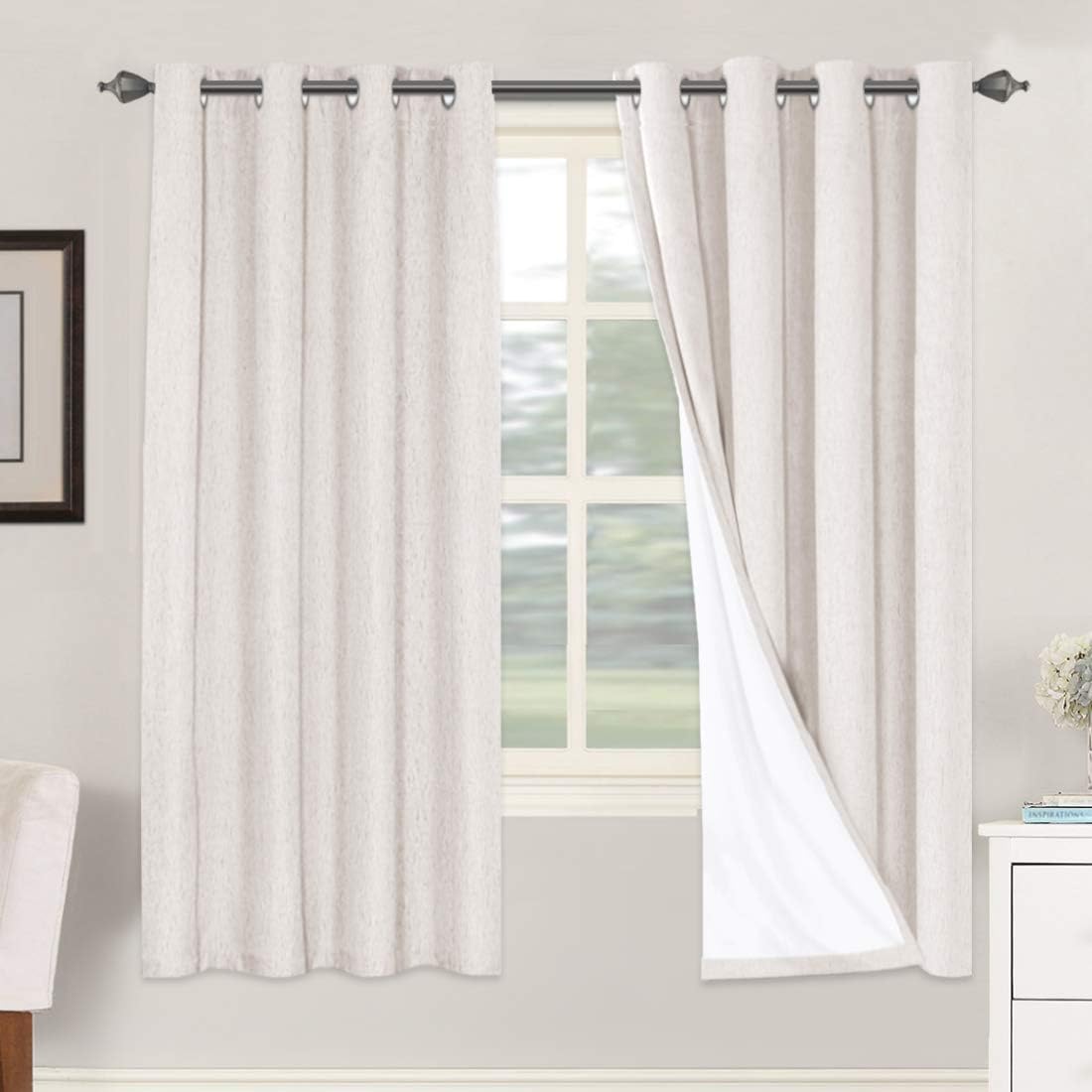 2 pcs  H.VERSAILTEX 100% Blackout Linen Curtains Full Light Blocking Curtains for Bedroom, Textured Window Curtains for Living Room, Energy Efficient Curtains White Liner