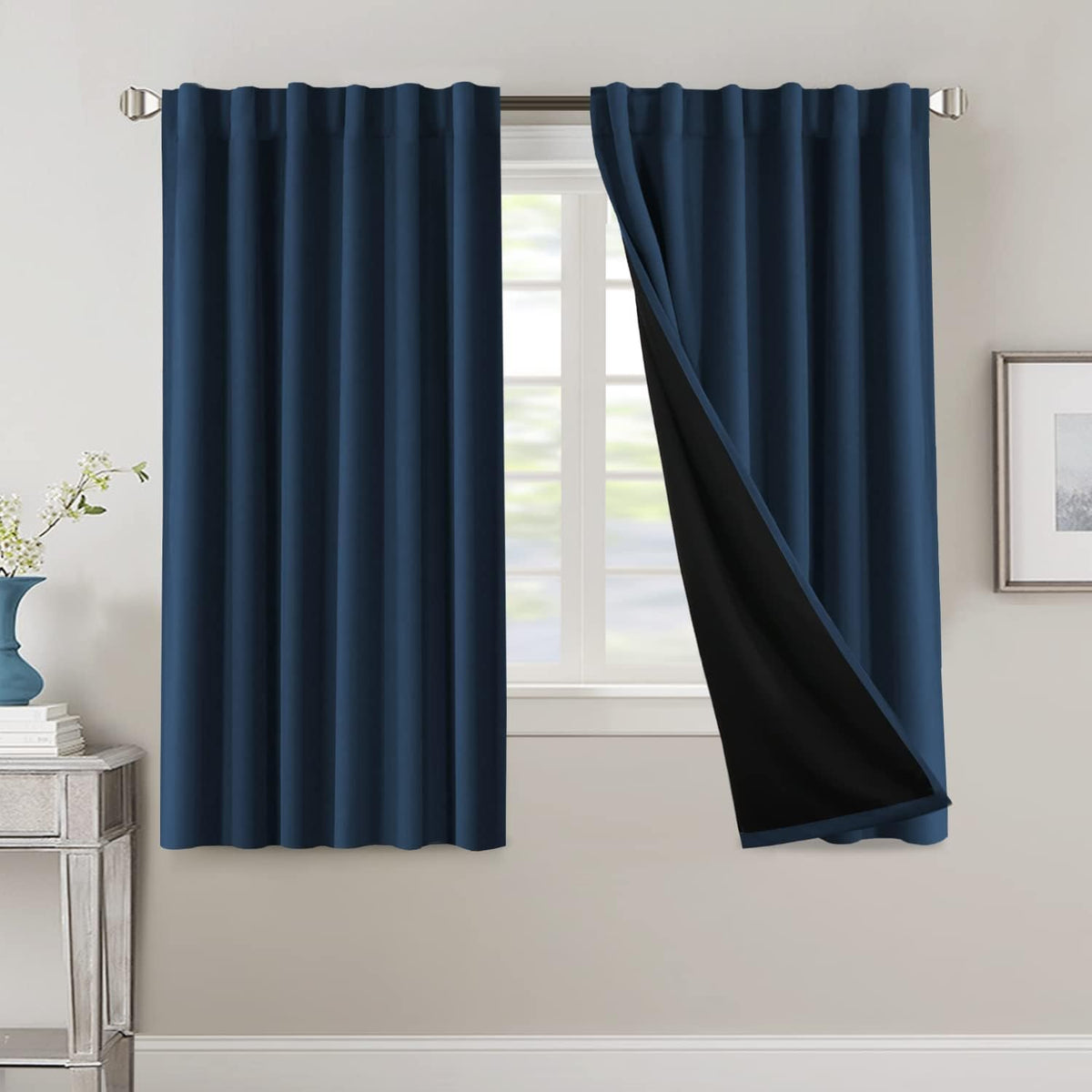 H.VERSAILTEX 100% Blackout Curtains for Bedroom with Black Liner Full Room Darkening Curtains 84 Inch Long Thermal Insulated Back Tab/Rod Pocket Window Drapes for Living Room, 2 Panels, Natural Sand