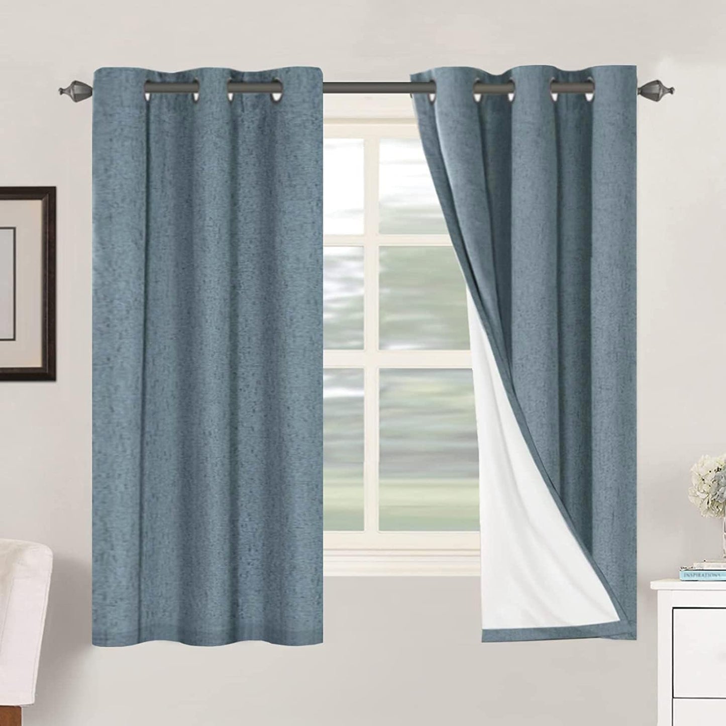 2pcs H.VERSAILTEX Blackout Linen Curtains, 100% Blackout Drapes Textured Blackout Curtains with White Thermal Insulated Liner, Grommet Top Curtains Living Room