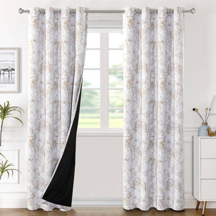 H.VERSAILTEX 100% Blackout Curtains for Living Room Camellia Floral 84 Inches Long Light Blocking Window Treatment with Black Liner Grommet Thermal Drapes, 2 Panels, Grey