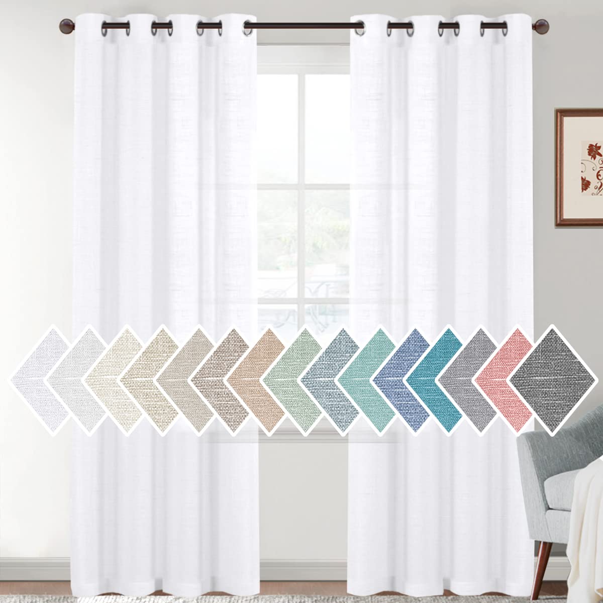 H.VERSAILTEX Linen Sheer Curtains Semi Sheer Light Filtering Window Drapes 2 Panels