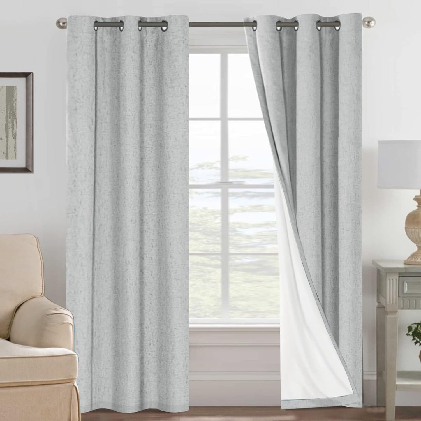 2pcs H.VERSAILTEX Blackout Linen Curtains, 100% Blackout Drapes Textured Blackout Curtains with White Thermal Insulated Liner, Grommet Top Curtains Living Room