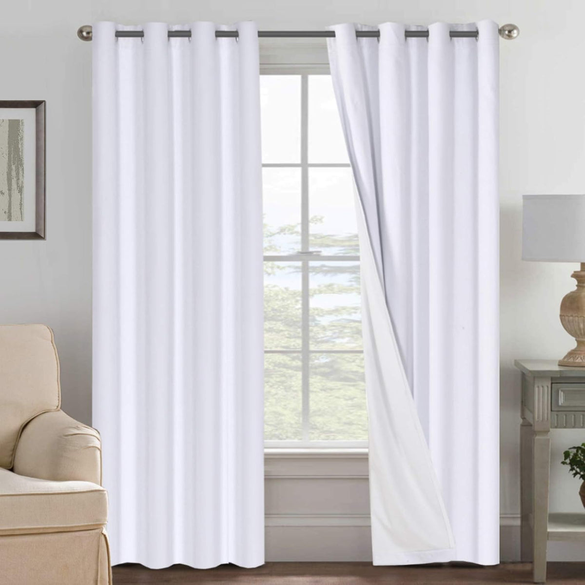 2 pcs  H.VERSAILTEX 100% Blackout Linen Curtains Full Light Blocking Curtains for Bedroom, Textured Window Curtains for Living Room, Energy Efficient Curtains White Liner