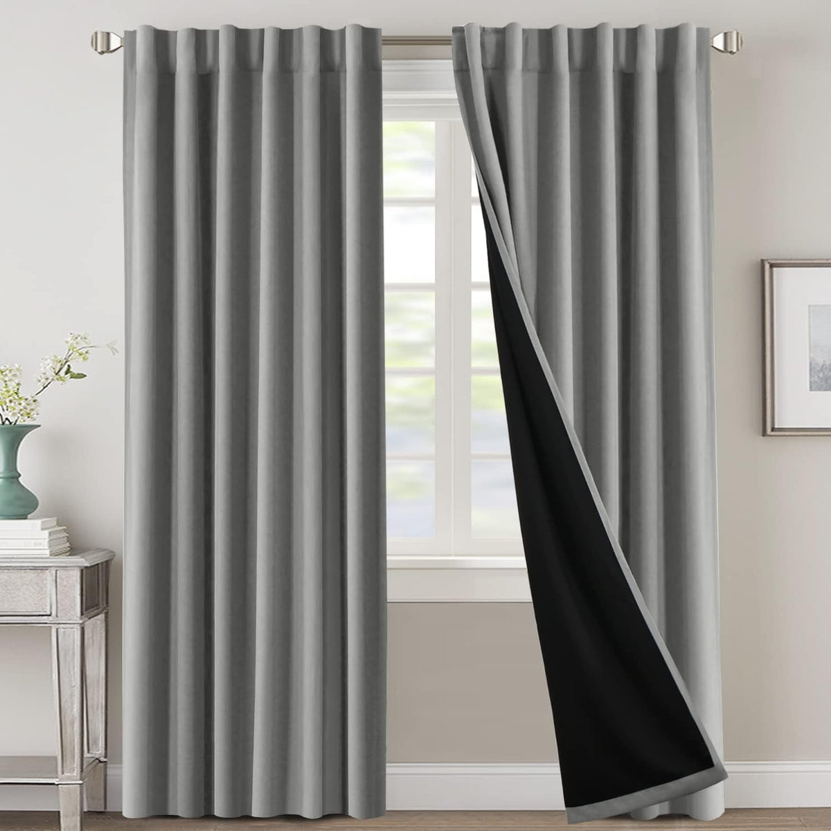 H.VERSAILTEX 100% Blackout Curtains for Bedroom with Black Liner Full Room Darkening Curtains 84 Inch Long Thermal Insulated Back Tab/Rod Pocket Window Drapes for Living Room, 2 Panels, Natural Sand