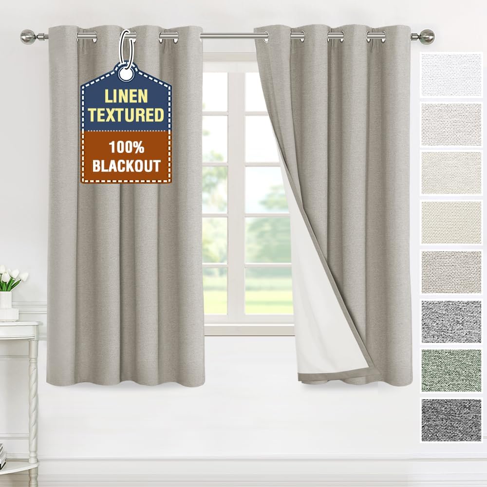 H.VERSAILTEX Elegant Full Coverage Linen 100% Blackout Drapes Heat Blocking Curtains Bedroom Curtain- Ideal for Undisturbed Sleep & Energy Efficiency, 52x84 Inch, Heather Pale Oak(Not Solid)