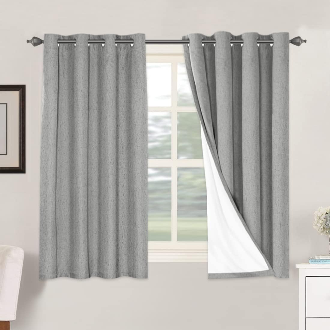 2 pcs  H.VERSAILTEX 100% Blackout Linen Curtains Full Light Blocking Curtains for Bedroom, Textured Window Curtains for Living Room, Energy Efficient Curtains White Liner