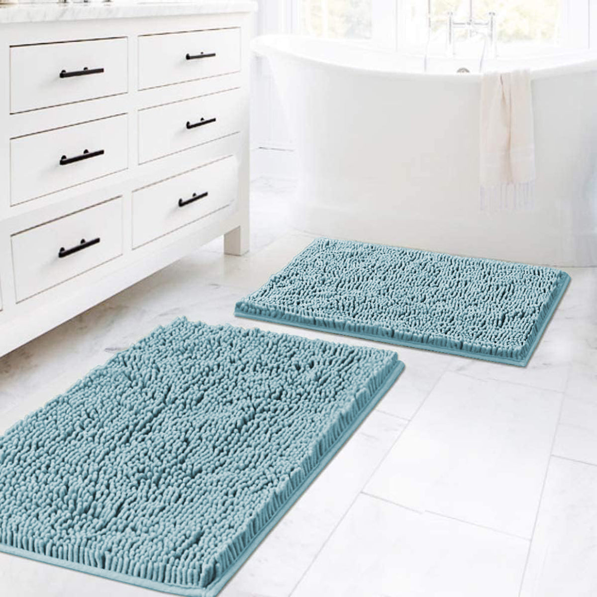 Bathroom Rugs Luxury Chenille Mat Set, Soft Plush Shower Rug + Toilet Mat, Microfiber Shaggy Carpet, Super Absorbent Mats, Machine Washable Bath Mats Curved Set, 32" x 20"/20" x 20", Cream