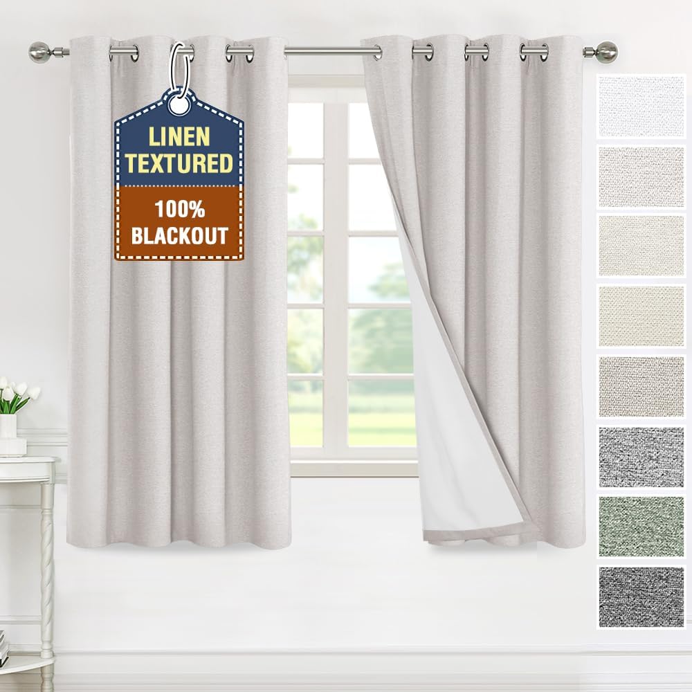 H.VERSAILTEX Elegant Full Coverage Linen 100% Blackout Drapes Heat Blocking Curtains Bedroom Curtain- Ideal for Undisturbed Sleep & Energy Efficiency, 52x84 Inch, Heather Pale Oak(Not Solid)