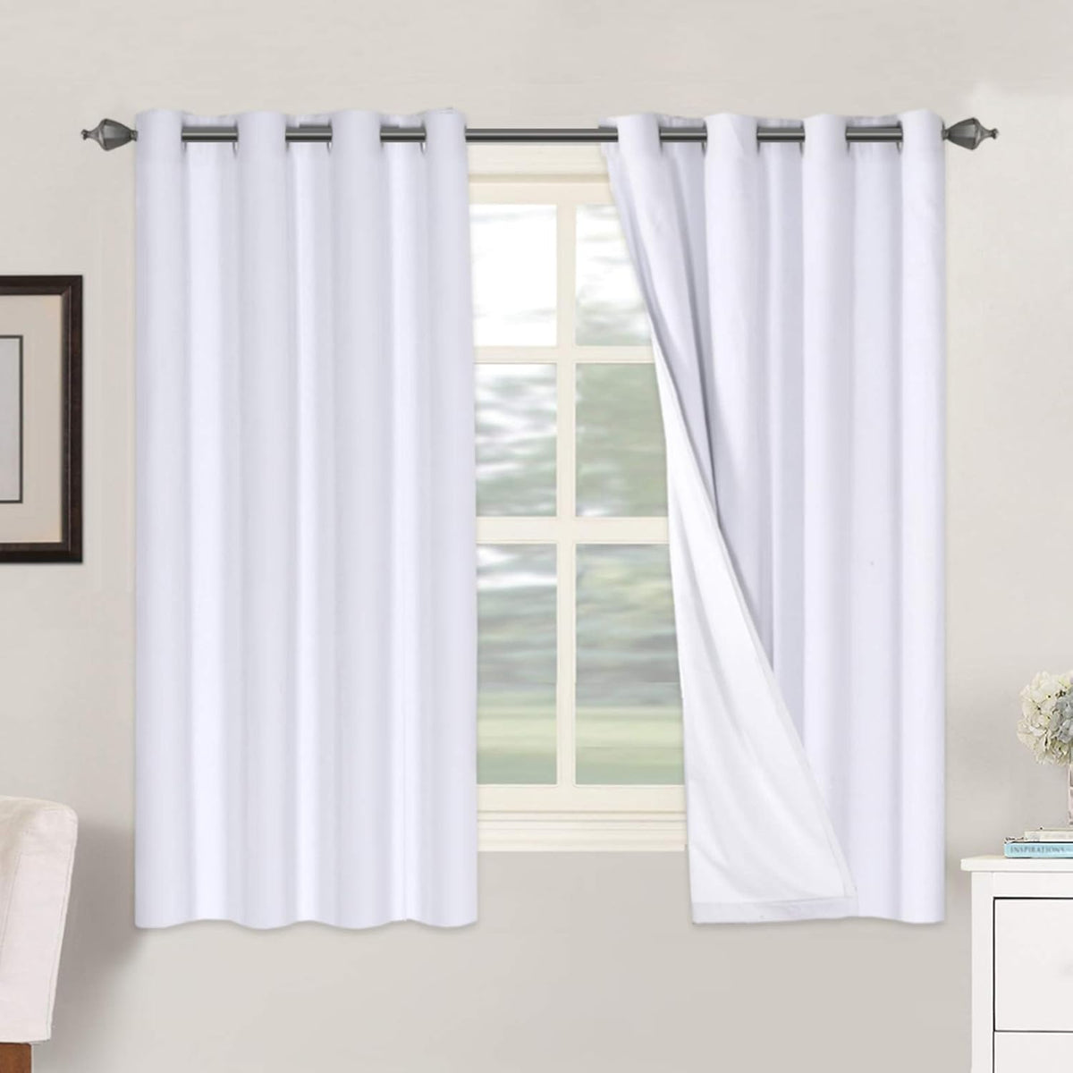 2 pcs  H.VERSAILTEX 100% Blackout Linen Curtains Full Light Blocking Curtains for Bedroom, Textured Window Curtains for Living Room, Energy Efficient Curtains White Liner