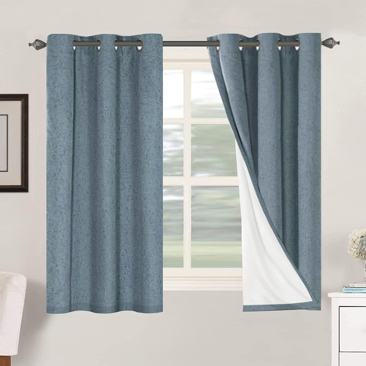 2pcs H.VERSAILTEX Blackout Linen Curtains, 100% Blackout Drapes Textured Blackout Curtains with White Thermal Insulated Liner, Grommet Top Curtains Living Room