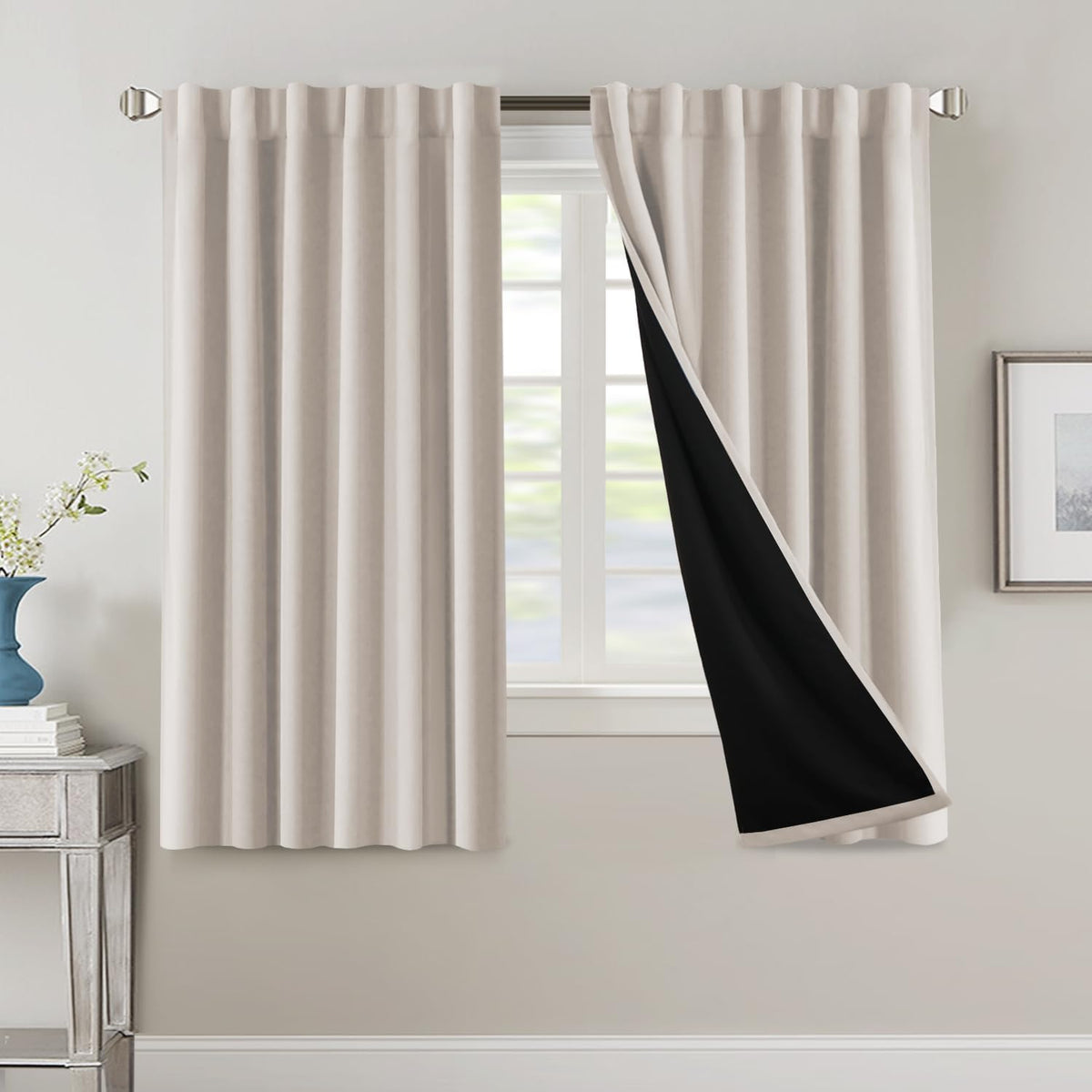 H.VERSAILTEX 100% Blackout Curtains for Bedroom with Black Liner Full Room Darkening Curtains 84 Inch Long Thermal Insulated Back Tab/Rod Pocket Window Drapes for Living Room, 2 Panels, Natural Sand