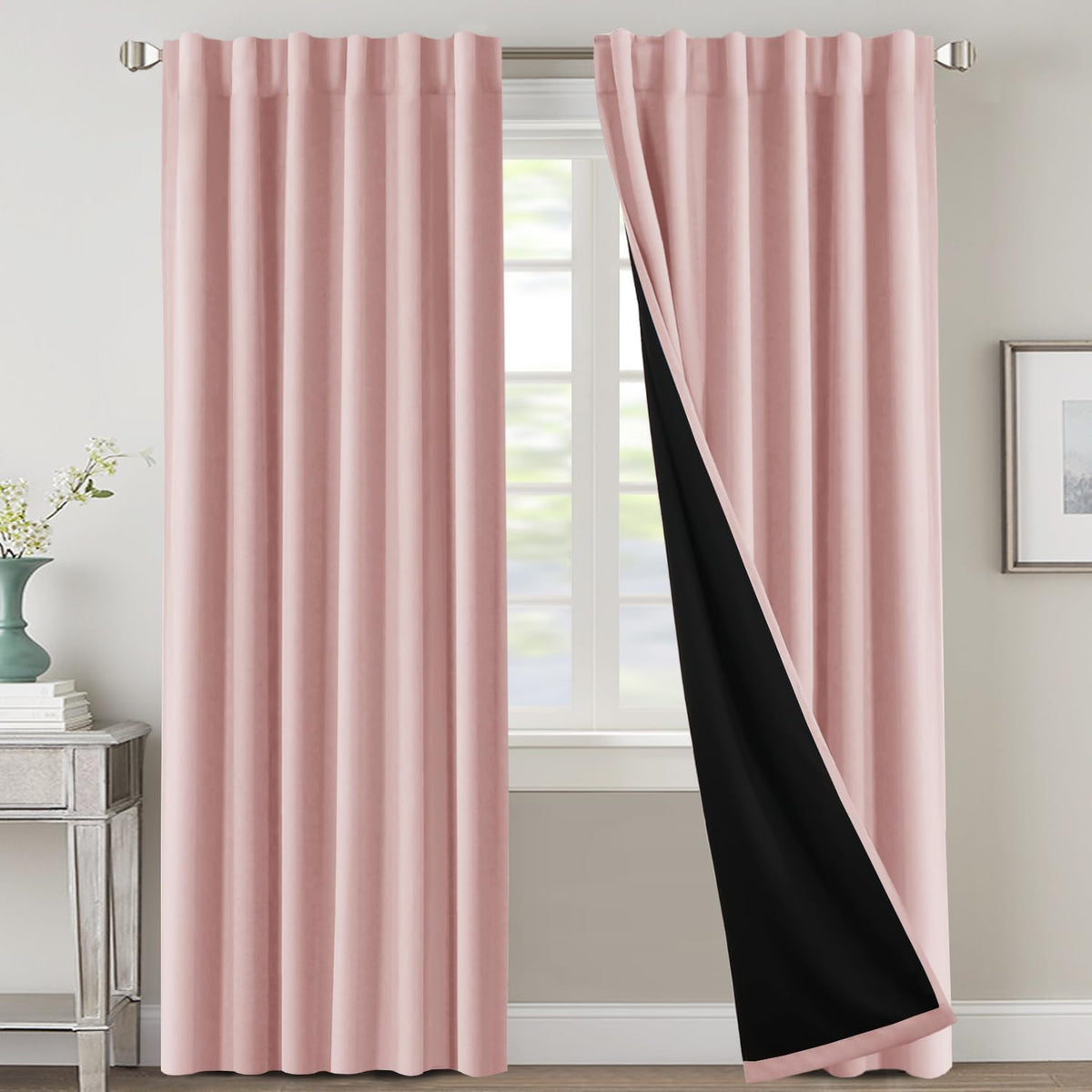 H.VERSAILTEX 100% Blackout Curtains for Bedroom with Black Liner Full Room Darkening Curtains 84 Inch Long Thermal Insulated Back Tab/Rod Pocket Window Drapes for Living Room, 2 Panels, Natural Sand