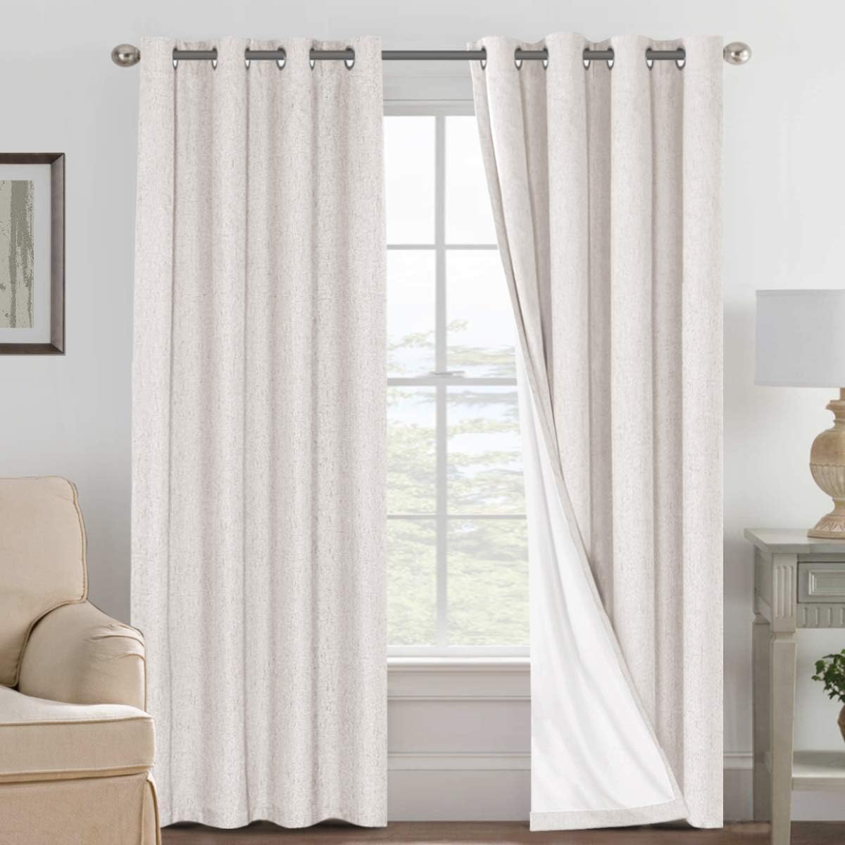 2 pcs  H.VERSAILTEX 100% Blackout Linen Curtains Full Light Blocking Curtains for Bedroom, Textured Window Curtains for Living Room, Energy Efficient Curtains White Liner