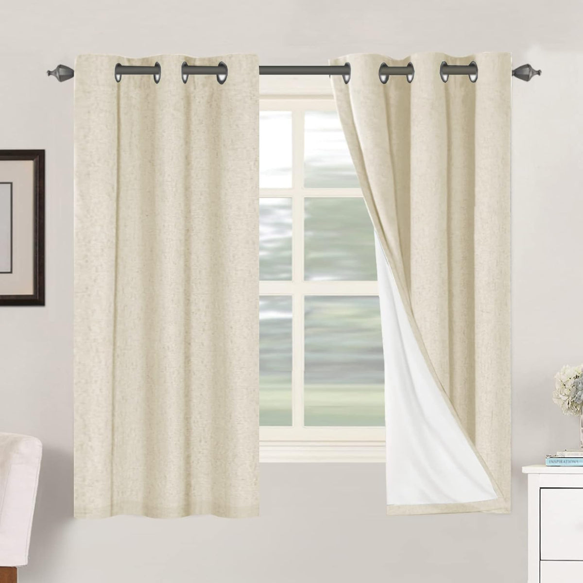 2pcs H.VERSAILTEX Blackout Linen Curtains, 100% Blackout Drapes Textured Blackout Curtains with White Thermal Insulated Liner, Grommet Top Curtains Living Room