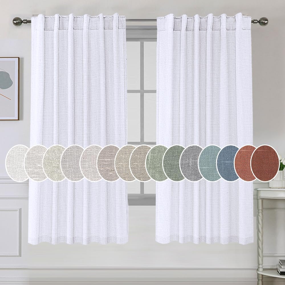 H.VERSAILTEX Natural Linen Curtains 45 inches Long for Living Room 2 Panels Back Tab Loop Pocket Linen Semi Sheer Curtains Light Filtering Rustic Farmhouse Boho Curtain for Bedroom