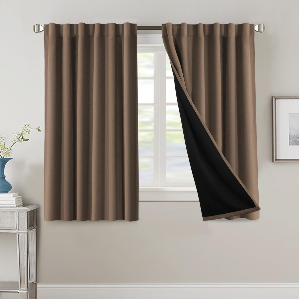 H.VERSAILTEX 100% Blackout Curtains for Bedroom with Black Liner Full Room Darkening Curtains 84 Inch Long Thermal Insulated Back Tab/Rod Pocket Window Drapes for Living Room, 2 Panels, Natural Sand