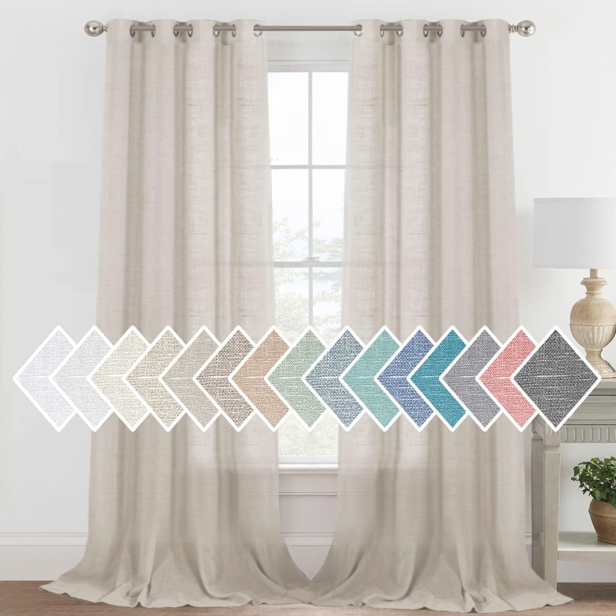 h.versailtx Linen Sheer Curtains Semi Sheer Light Filtering Silver Grommet 2 Panels product image