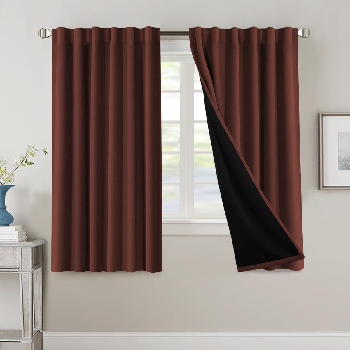 H.VERSAILTEX 100% Blackout Curtains for Bedroom with Black Liner Full Room Darkening Curtains 84 Inch Long Thermal Insulated Back Tab/Rod Pocket Window Drapes for Living Room, 2 Panels, Natural Sand