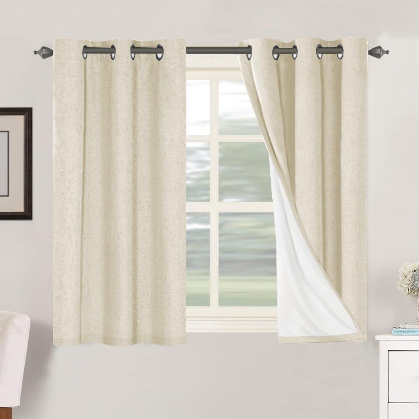 2pcs H.VERSAILTEX Blackout Linen Curtains, 100% Blackout Drapes Textured Blackout Curtains with White Thermal Insulated Liner, Grommet Top Curtains Living Room